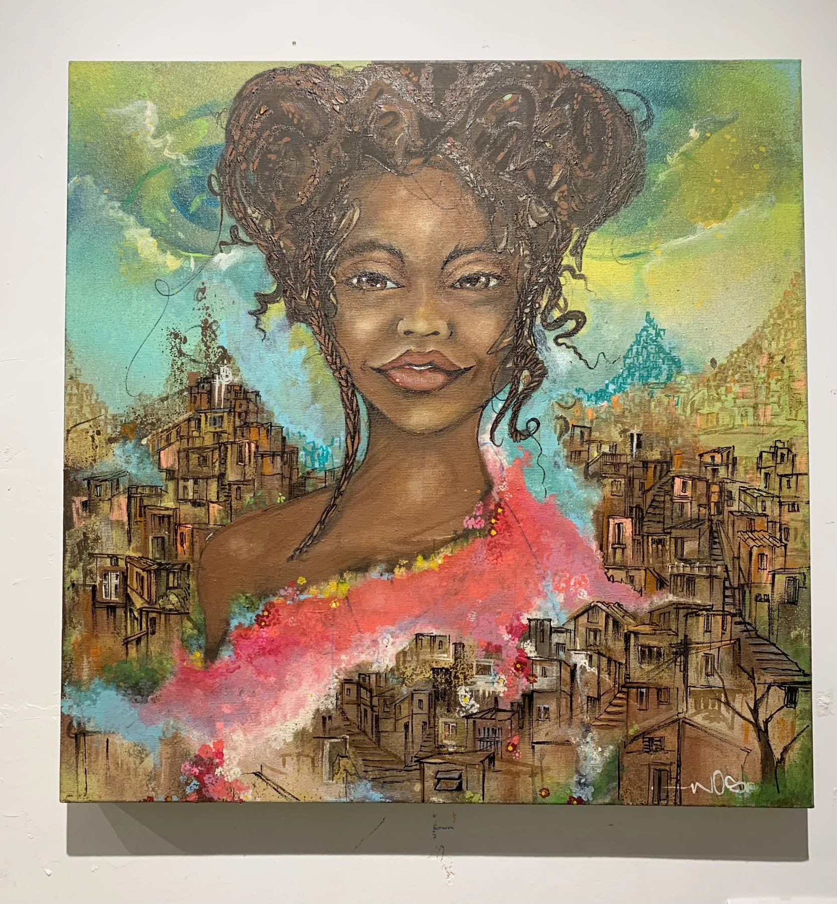 Obra sobre tela com retrato feminino e cores vivas